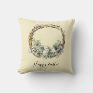 Watercolor Rustic Grapevine & Egg Nest  Throw Pillow