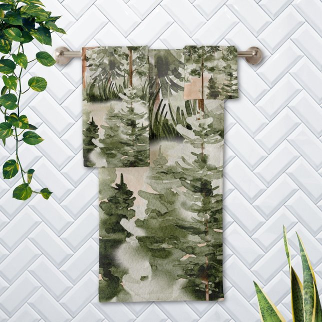 Watercolor Rustic Green Forest Bath Towel Set (In situ Bathroom wall)