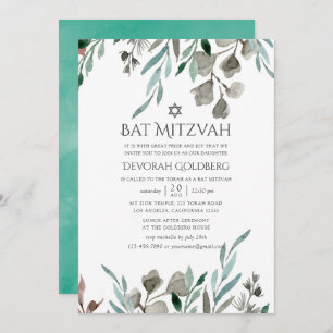 Watercolor Rustic Greenery Winter Bat Mitzvah Invitation