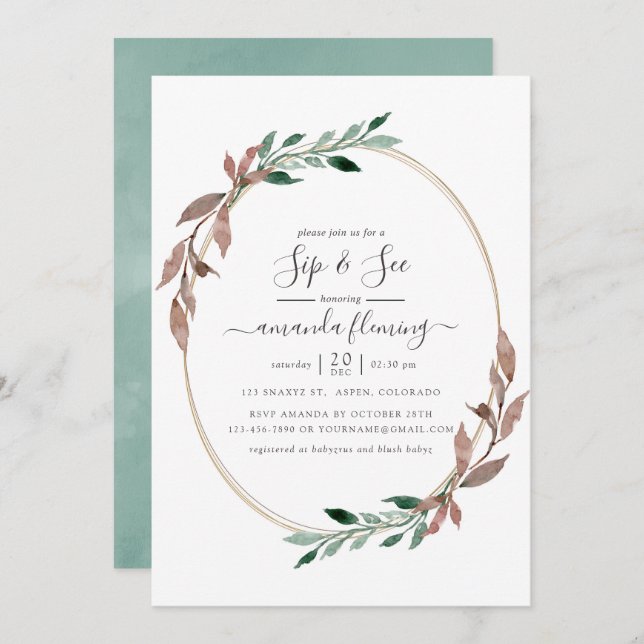 Watercolor Rustic Greenery Winter Sip and See Invitation (Front/Back)