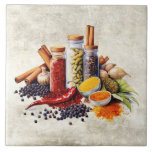 Watercolor Rustic Herbs Spices Faux Texture  Tile<br><div class="desc">Rustic watercolor graphic design with herbs,  spices,  glass jars on a faux texture background. A vintage country look.  Perfect for your country French or cottage farmhouse kitchen.</div>