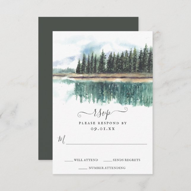 Watercolor Rustic Lake | Mountain Lake Wedding RSVP Card (Front/Back)