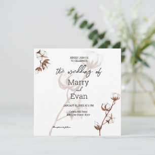 Watercolor rustic minimalistic cotton wedding invitation