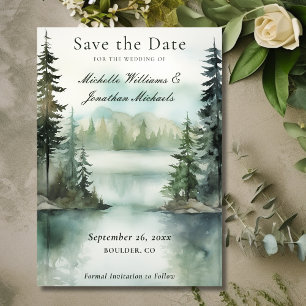 Watercolor Rustic Mountain Lake Forest Wedding Save The Date