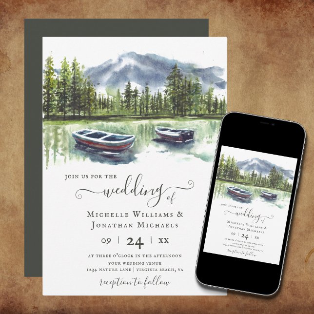 Watercolor Rustic Mountain Lake with Boats Wedding Invitation (Creator Uploaded)