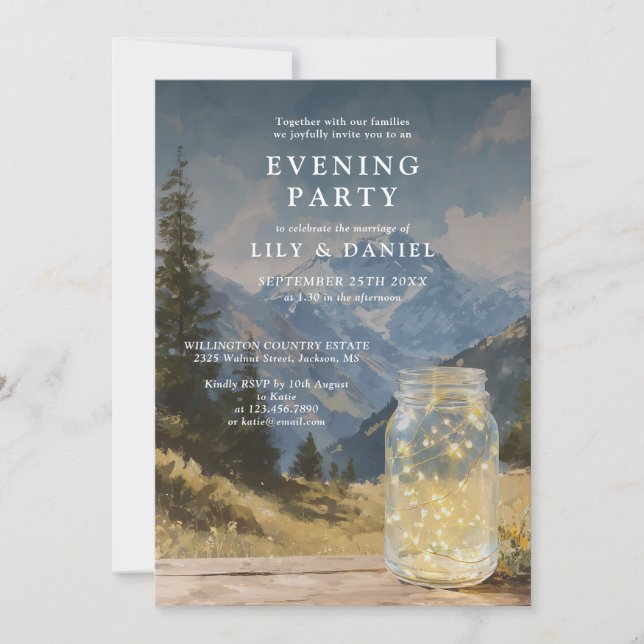 Watercolor Rustic Mountain Mason Jar Evening Party Invitation (Front)