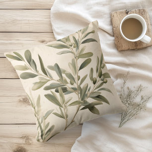 Watercolor Rustic Olive Branches Throw Pillow