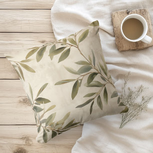 Watercolor Rustic Olive Branches Throw Pillow