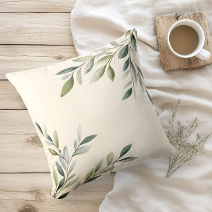 Watercolor Rustic Olive Branches Throw Pillow