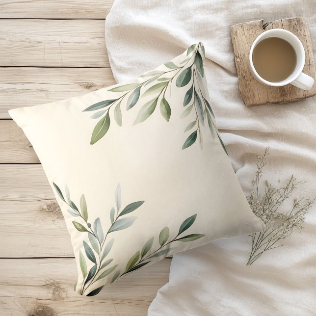 Watercolor Rustic Olive Branches Throw Pillow (Creator Uploaded)