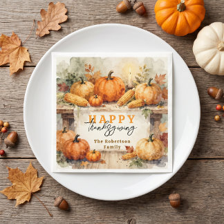 Watercolor Rustic Pumpkin Family Thanksgiving Napkin