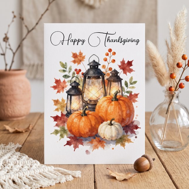 Watercolor Rustic Pumpkin Lantern Thanksgiving Card (Creator Uploaded)