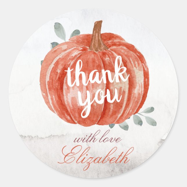 Watercolor Rustic Pumpkin Thank You Name  Classic Round Sticker (Front)
