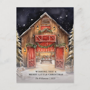 Watercolor Rustic Red Barn Country Christmas Card