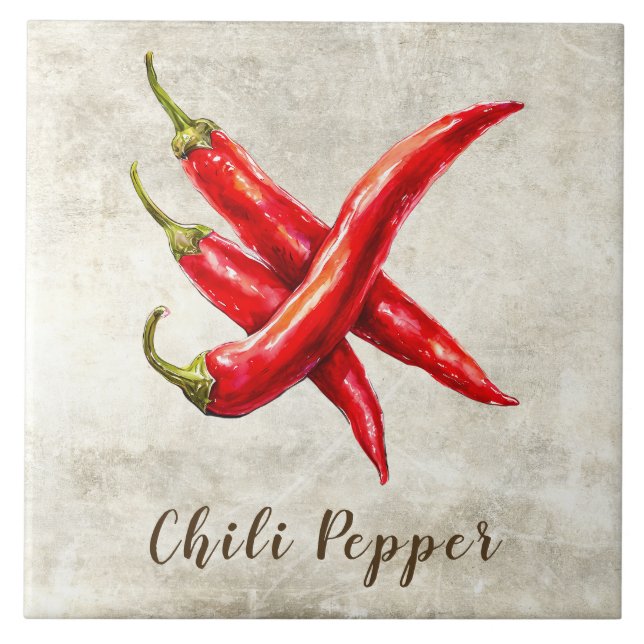 Watercolor Rustic Red Chili Pepper Faux Texture  Tile (Front)