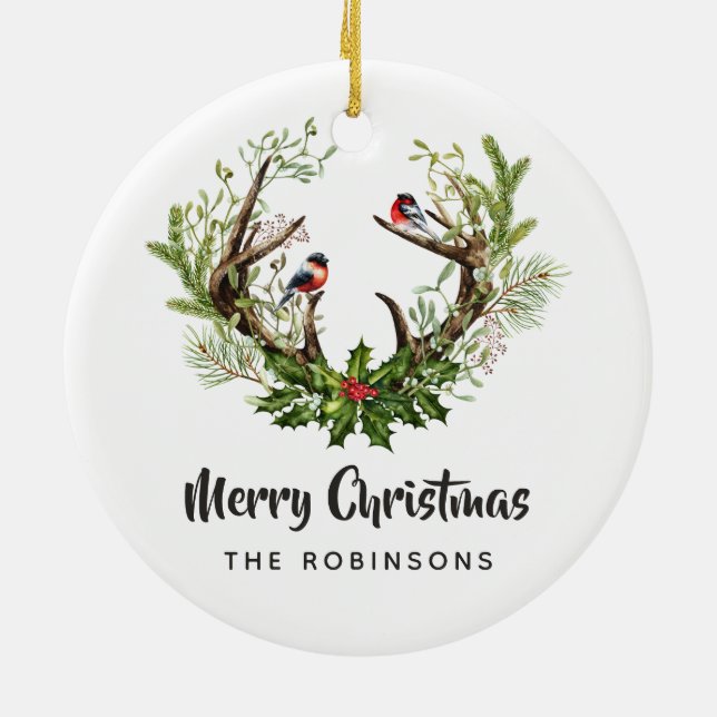 Watercolor Rustic Reindeer Christmas Ceramic Ornament (Back)