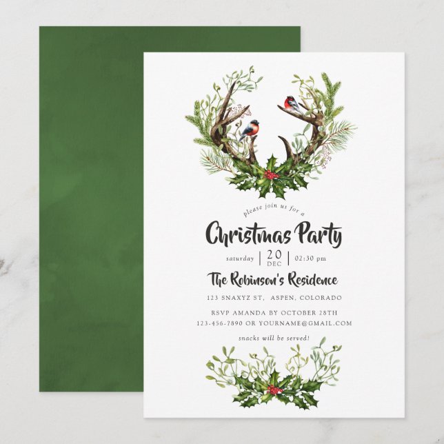 Watercolor Rustic Reindeer Christmas Party Invitation (Front/Back)
