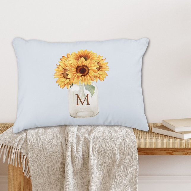 Watercolor Rustic Sunflower Bouquet in Mason Jar Accent Pillow (In situ)