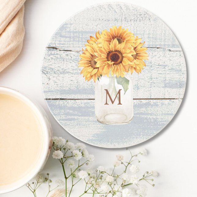 Watercolor Rustic Sunflower Bouquet in Mason Jar Coaster (In situ)