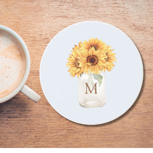 Watercolor Rustic Sunflower Bouquet in Mason Jar Coaster