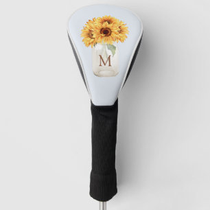 Watercolor Rustic Sunflower Bouquet in Mason Jar Golf Head Cover