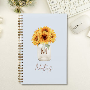Watercolor Rustic Sunflower Bouquet in Mason Jar Notebook