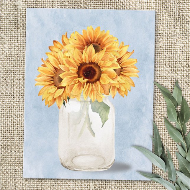 Watercolor Rustic Sunflower Bouquet in Mason Jar Postcard (In situ)