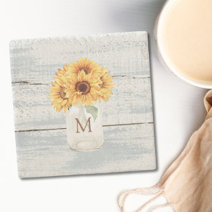 Watercolor Rustic Sunflower Bouquet in Mason Jar Stone Coaster