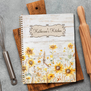 Watercolor Rustic Sunflower Wood Family Recipe Notebook