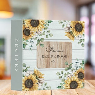 Watercolor Rustic Sunflower Wood Recipe Cookbook Binder