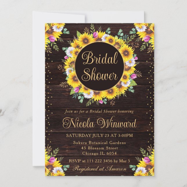 Watercolor Rustic Sunflowers Wreath Bridal Shower Invitation (Front)