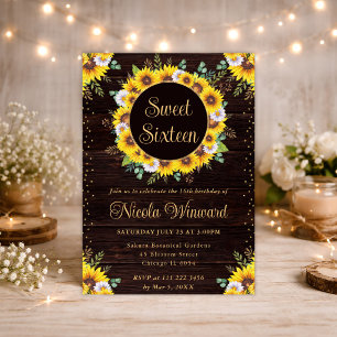 Watercolor Rustic Sunflowers Wreath Sweet 16 Invitation