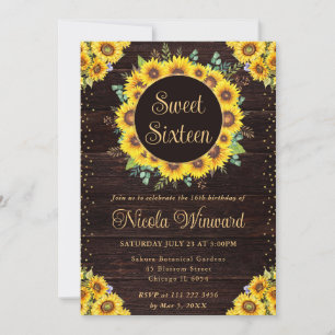 Watercolor Rustic Sunflowers Wreath Sweet 16 Invitation