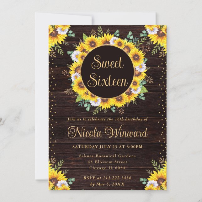 Watercolor Rustic Sunflowers Wreath Sweet 16 Invitation (Front)