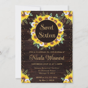 Watercolor Rustic Sunflowers Wreath Sweet 16 Invitation
