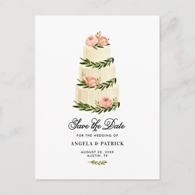 Watercolor Rustic Tiered Cake Save The Date Announcement Postcard (Front)