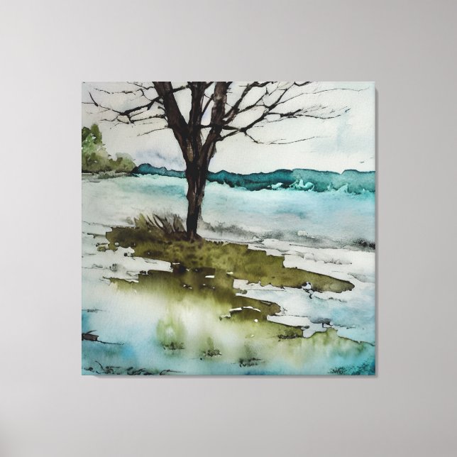 Watercolor Rustic Tree and Water Landscape Canvas Print (Front)