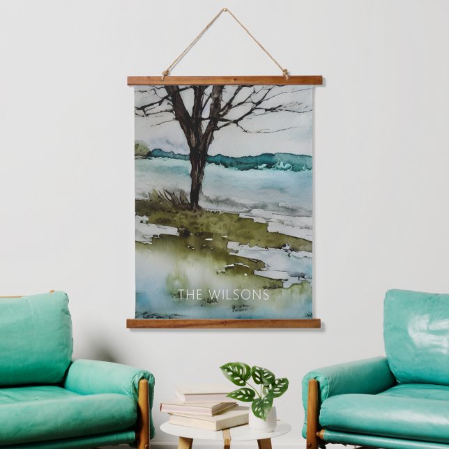 Watercolor Rustic Tree and Water Landscape Hanging Tapestry (Living Room)