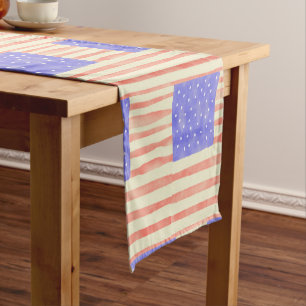 Watercolor rustic USA American flag pattern Short Table Runner