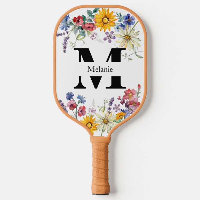 Watercolor Rustic Wildflowers Monogram Pickleball Paddle (Front)