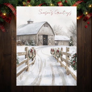 Watercolor Rustic Winter Barn Season's Greetings Holiday Postcard