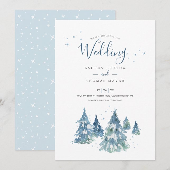 Watercolor Rustic Winter Tree Wedding Invitation (Front/Back)