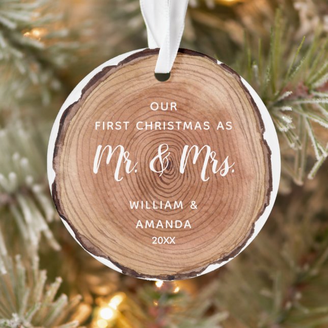 Watercolor Rustic Wood Slice First Christmas  Ornament (Tree)