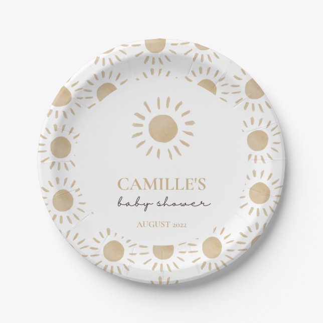 Watercolor Rustic Yellow Sun Boho Baby Shower  Paper Plate (Front)