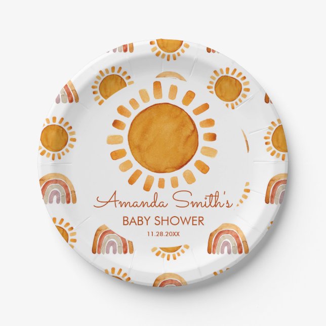 Watercolor Rustic Yellow Sun Boho Baby Shower  Paper Plate (Front)