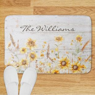 Watercolor Rustic Yellow Sunflower Garden Wood Bath Mat