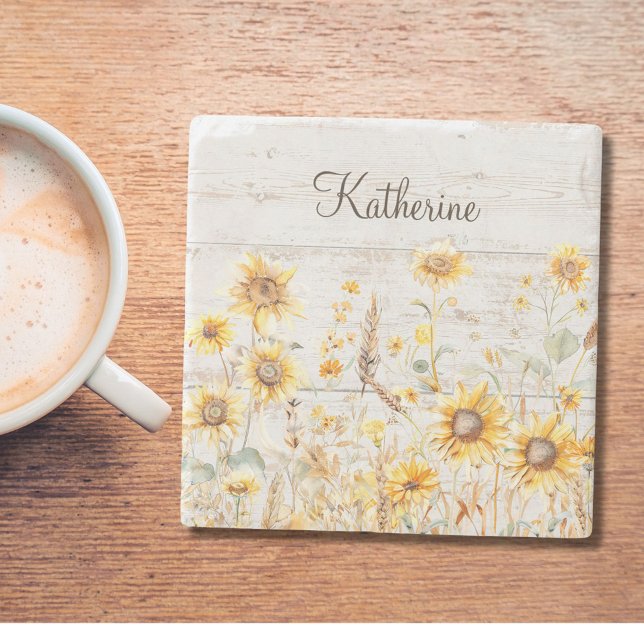 Watercolor Rustic Yellow Sunflower Garden Wood Stone Coaster (In situ)