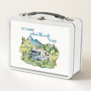 Watercolor RV Motorhome Camper Scene Metal Lunch Box