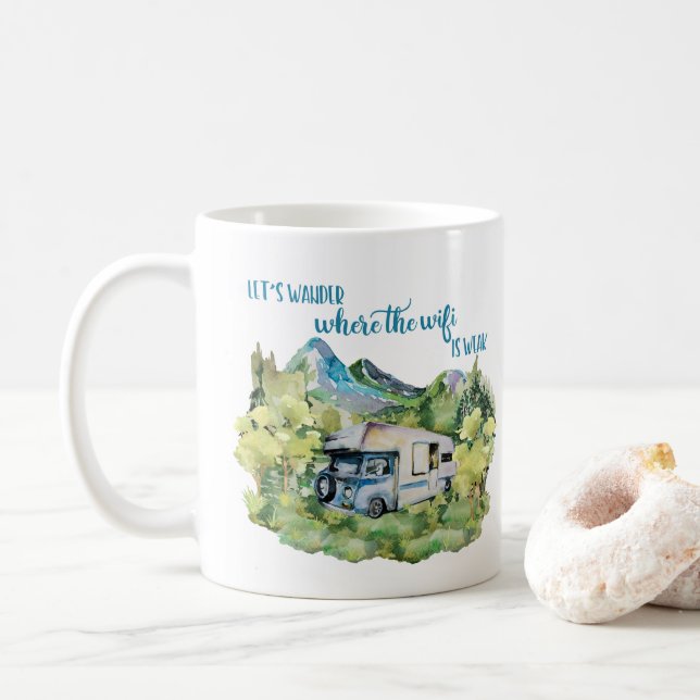 Watercolor RV Motorhome Camping Scene Coffee Mug (With Donut)