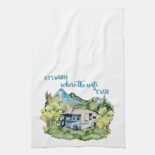 Watercolor RV Motorhome Camping Scene Kitchen Towel (Vertical)